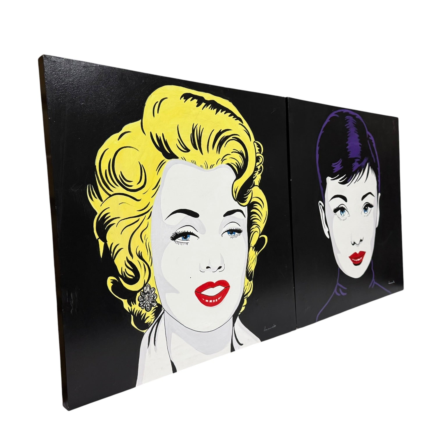 Pareja de pinturas Art Pop de Marilyn Monroe y Audrey Hepburn firmados por Amanache