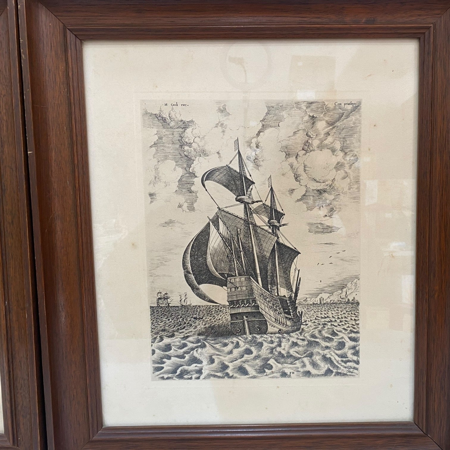 Pareja de grabados Navíos de guerra de Pieter Bruegel antiguos