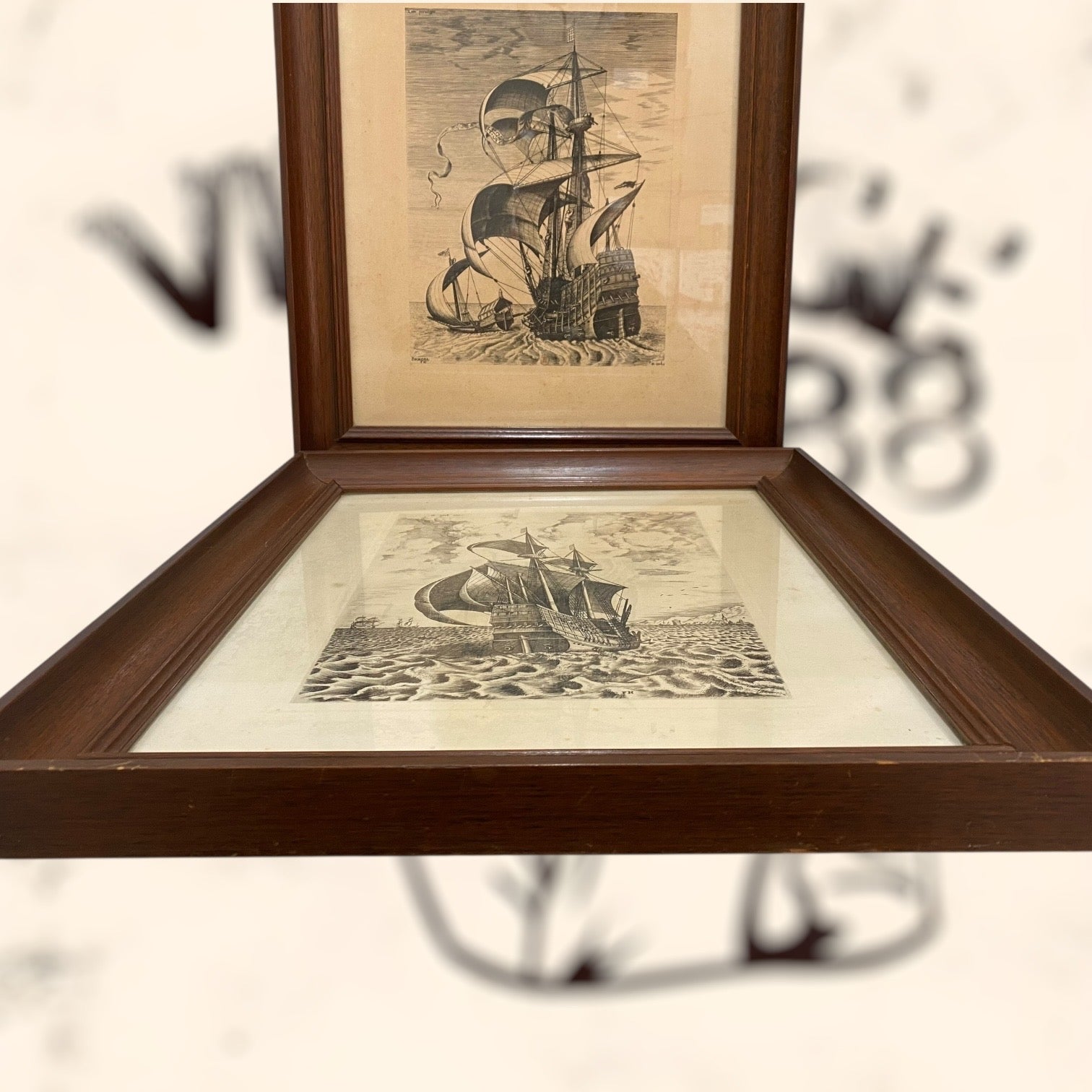 Pareja de grabados Navíos de guerra de Pieter Bruegel antiguos