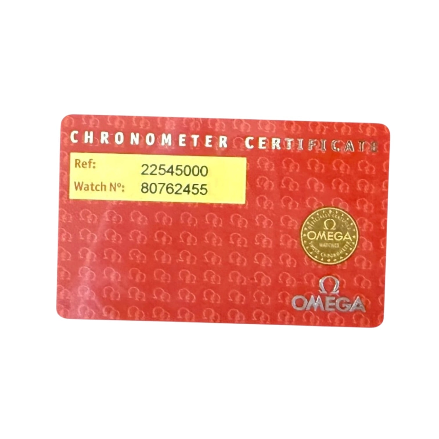 Tarjeta de Certificado Chronometer del reloj Omega Seamaster Ref. 2254.50.00
