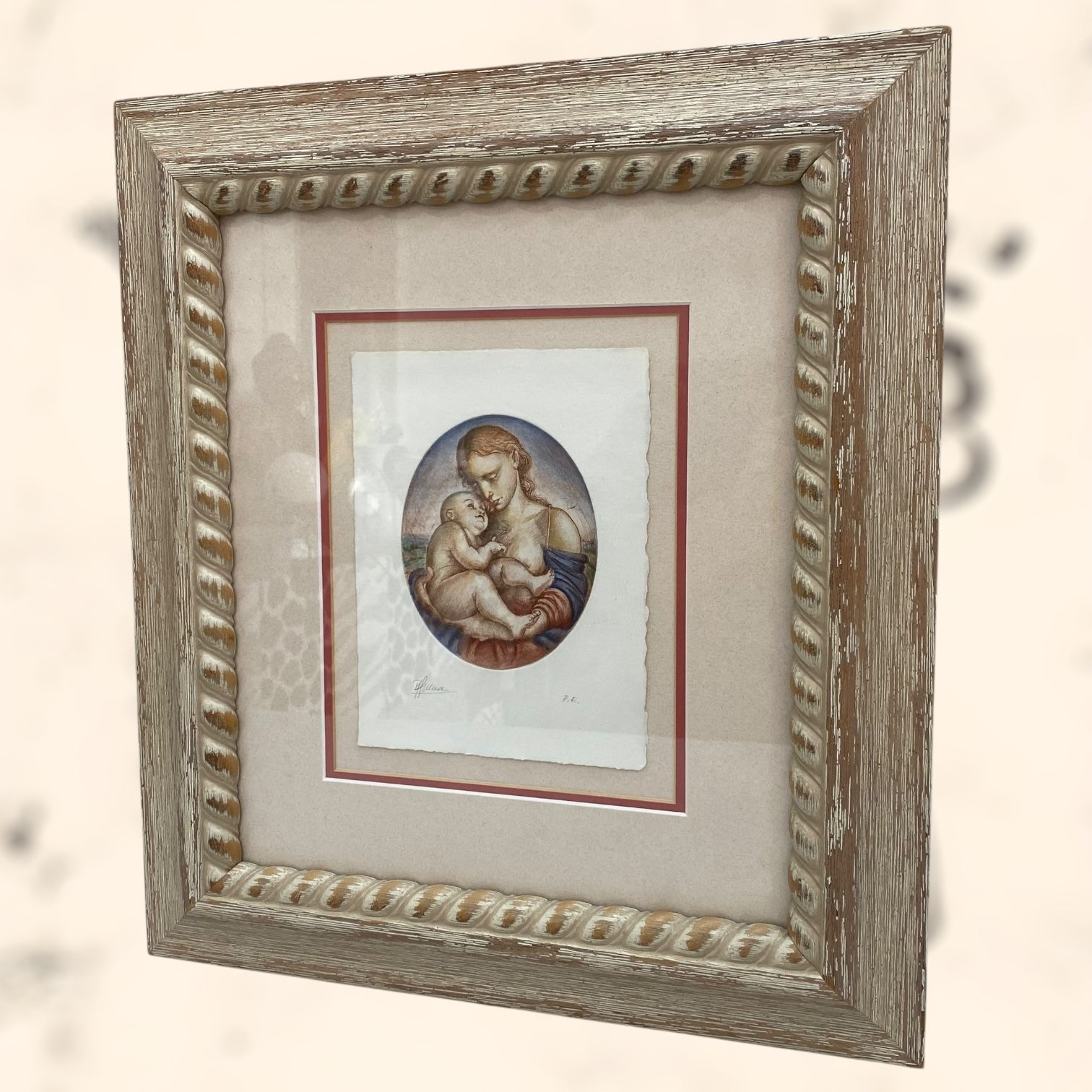 Grabado Santa Madonna e il Bambino firmado a mano P. E