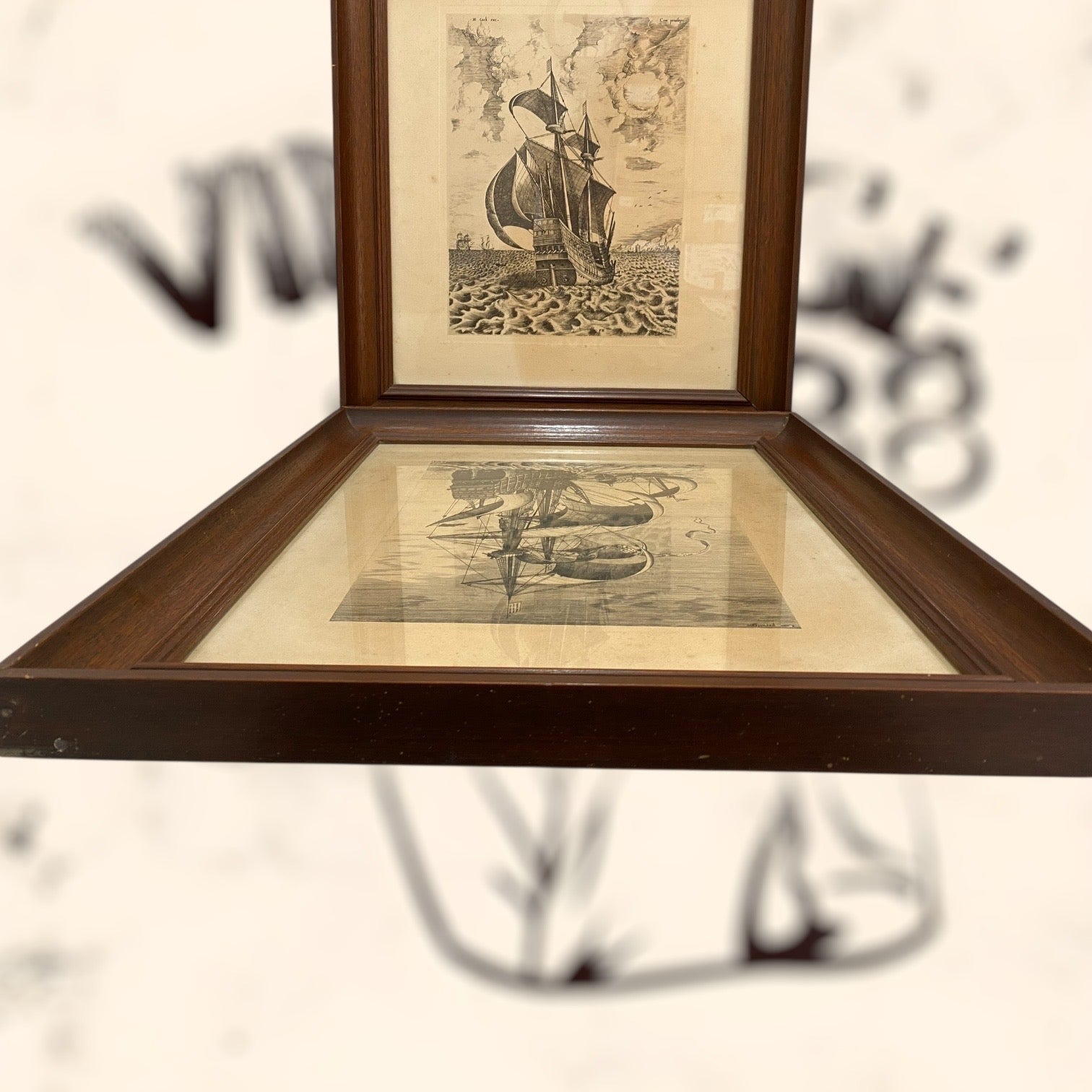 Pareja de grabados Navíos de guerra de Pieter Bruegel antiguos