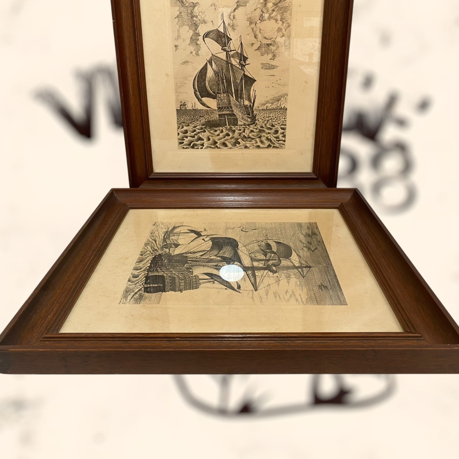 Pareja de grabados Navíos de guerra de Pieter Bruegel antiguos