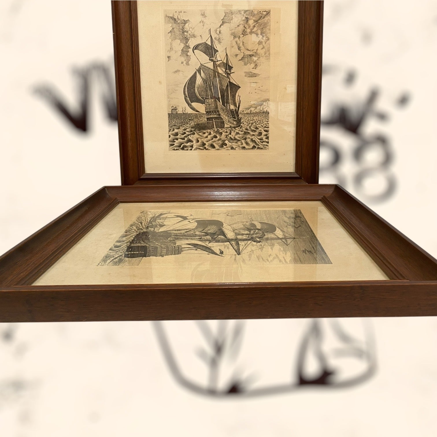 Pareja de grabados Navíos de guerra de Pieter Bruegel antiguos