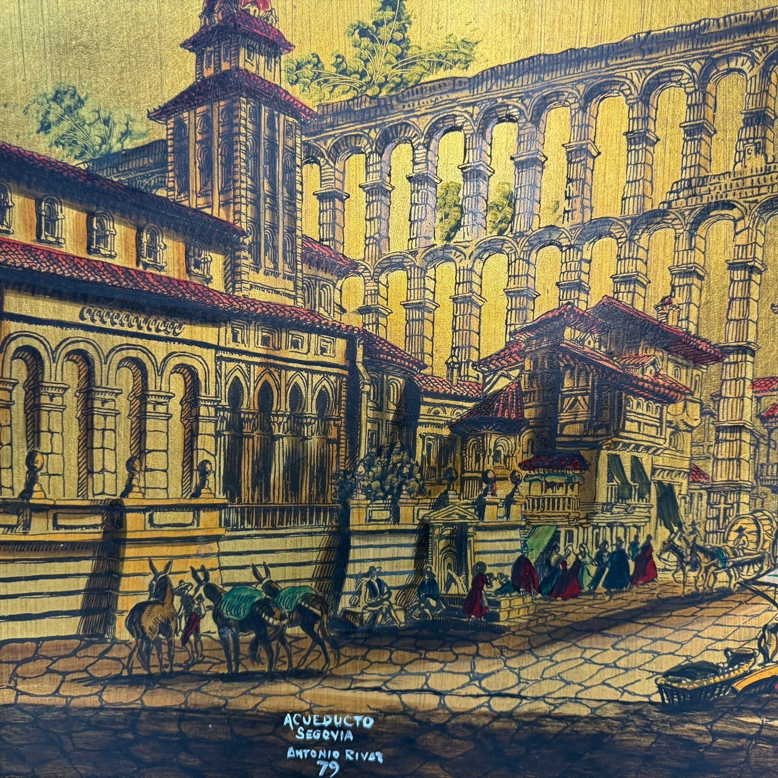 Óleo sobre tabla Acueducto de Segovia de Antonio Rivas 1979
