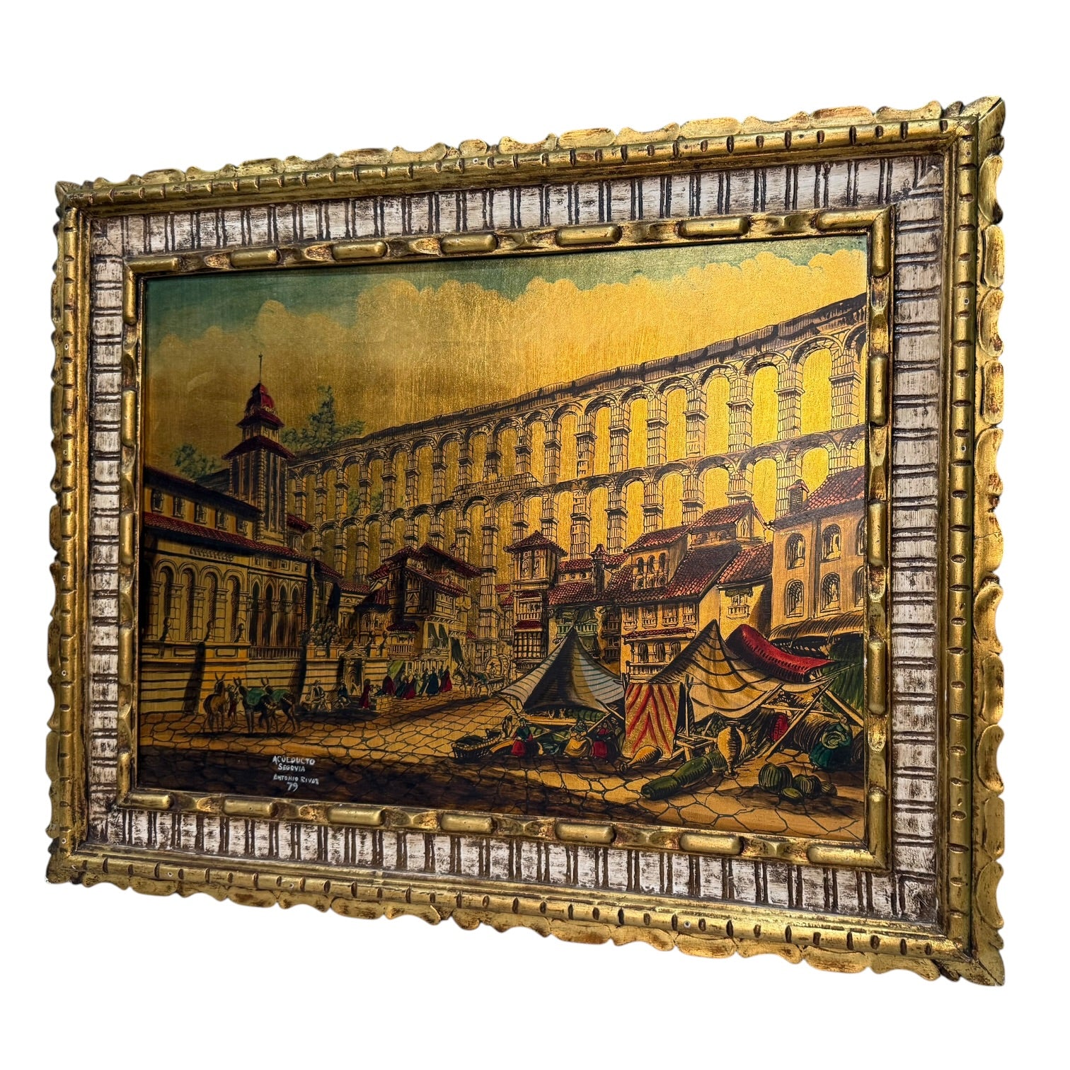 Óleo sobre tabla Acueducto de Segovia de Antonio Rivas 1979
