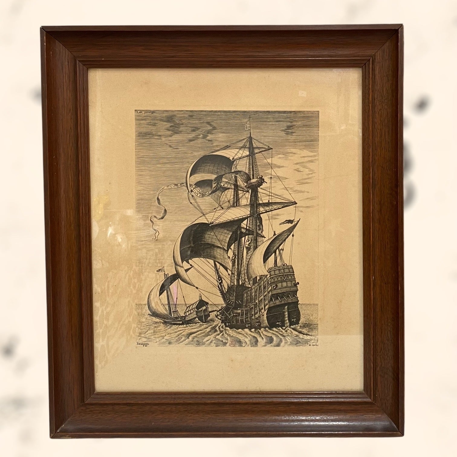 Pareja de grabados Navíos de guerra de Pieter Bruegel antiguos