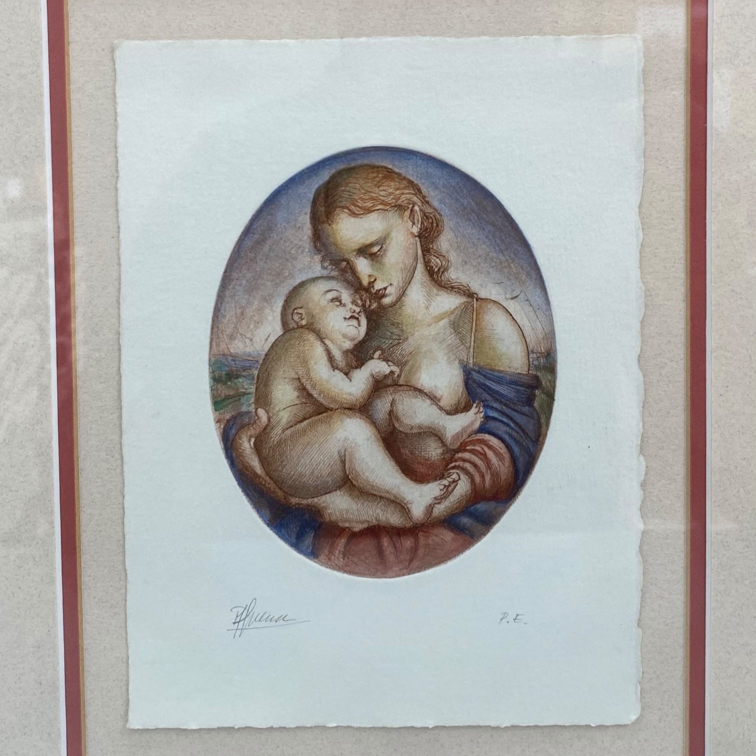 Grabado Santa Madonna e il Bambino firmado a mano P. E