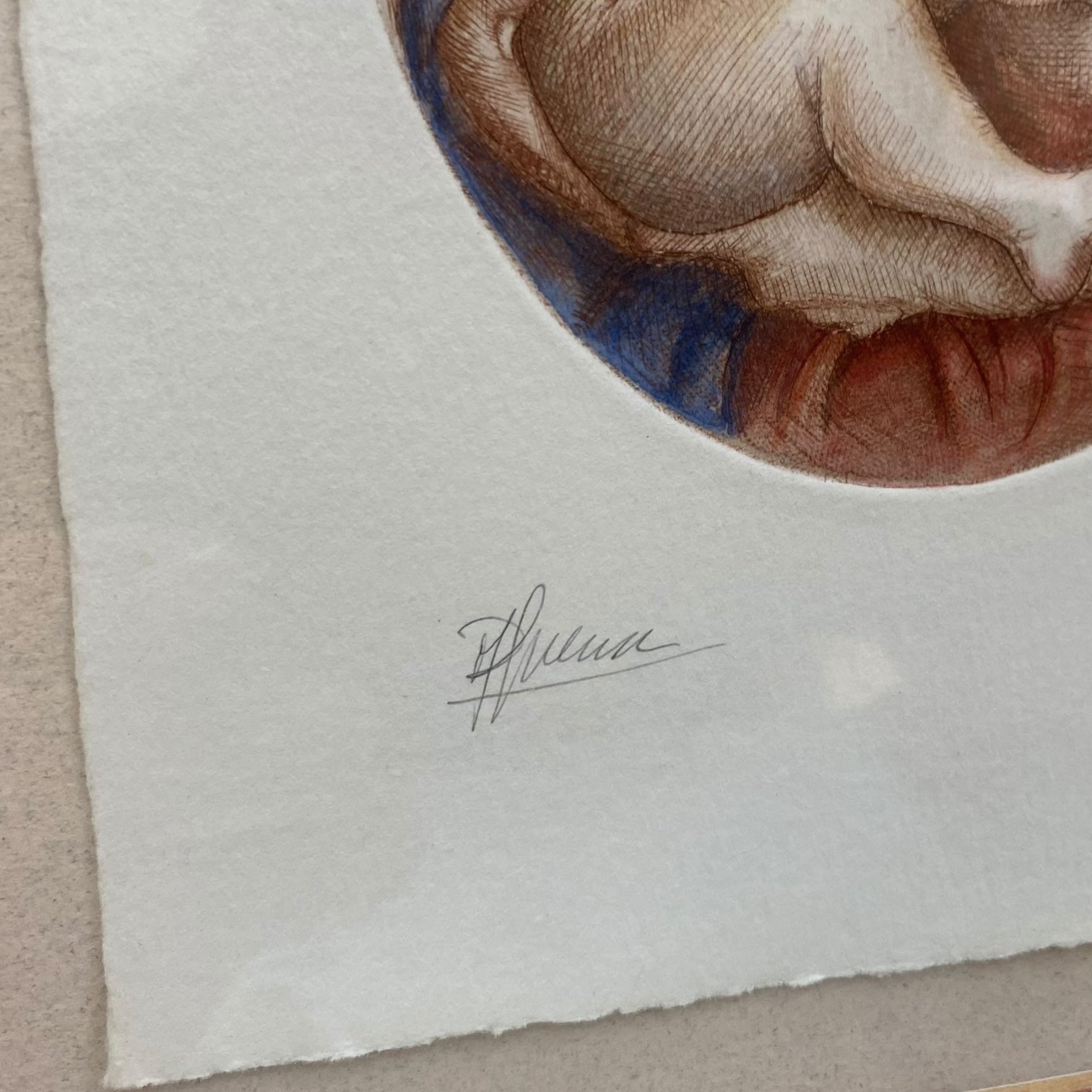 Grabado Santa Madonna e il Bambino firmado a mano P. E