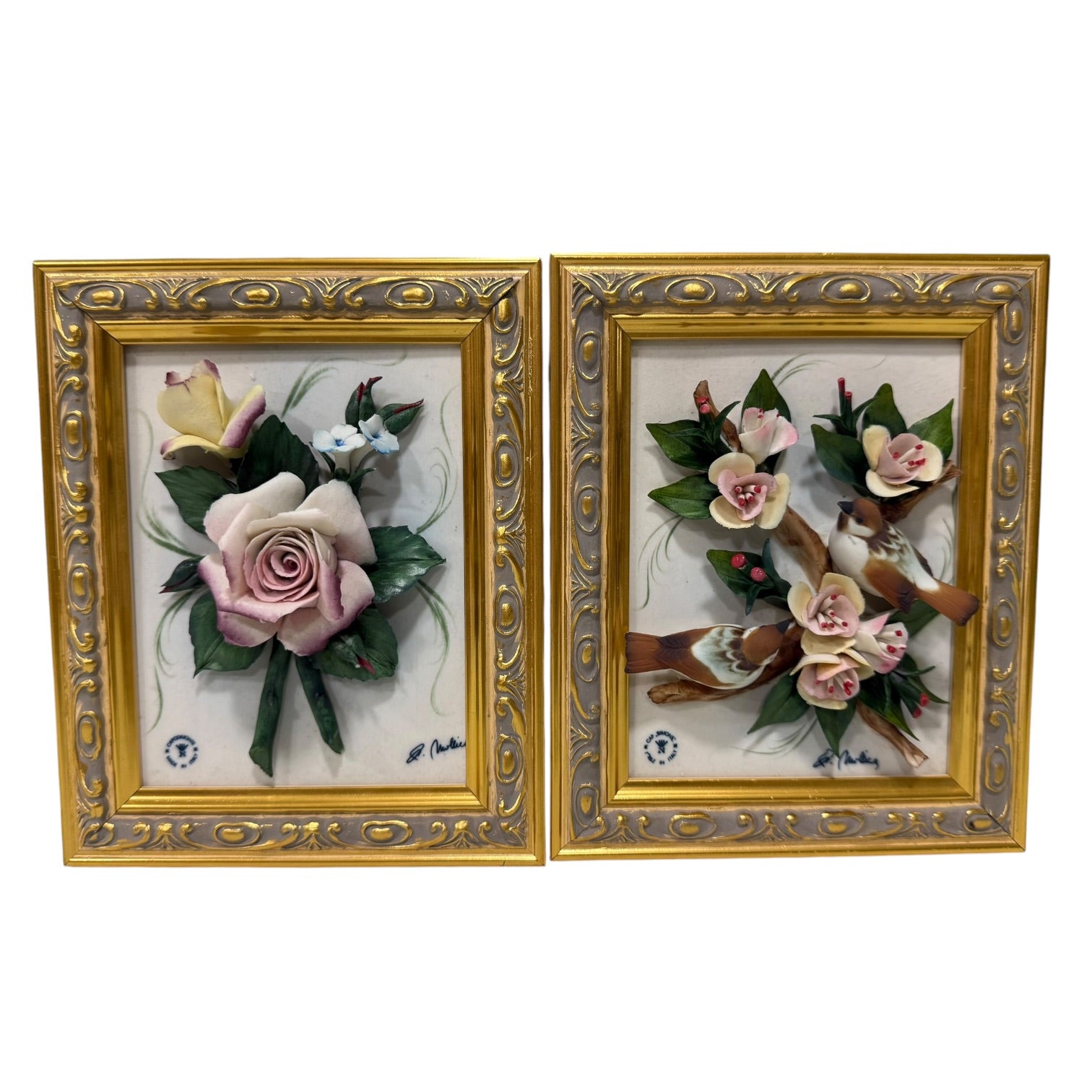 Pareja de cuadros con placas de porcelana Italiana Capodimonte vintage