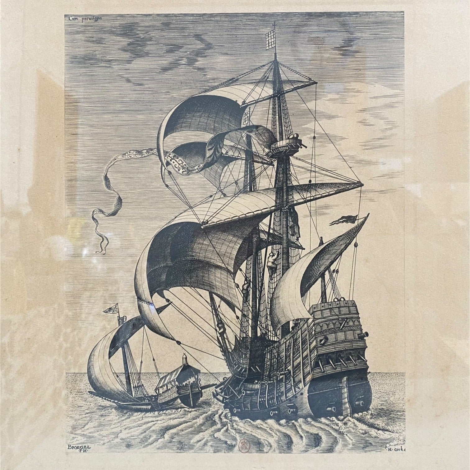 Pareja de grabados Navíos de guerra de Pieter Bruegel antiguos