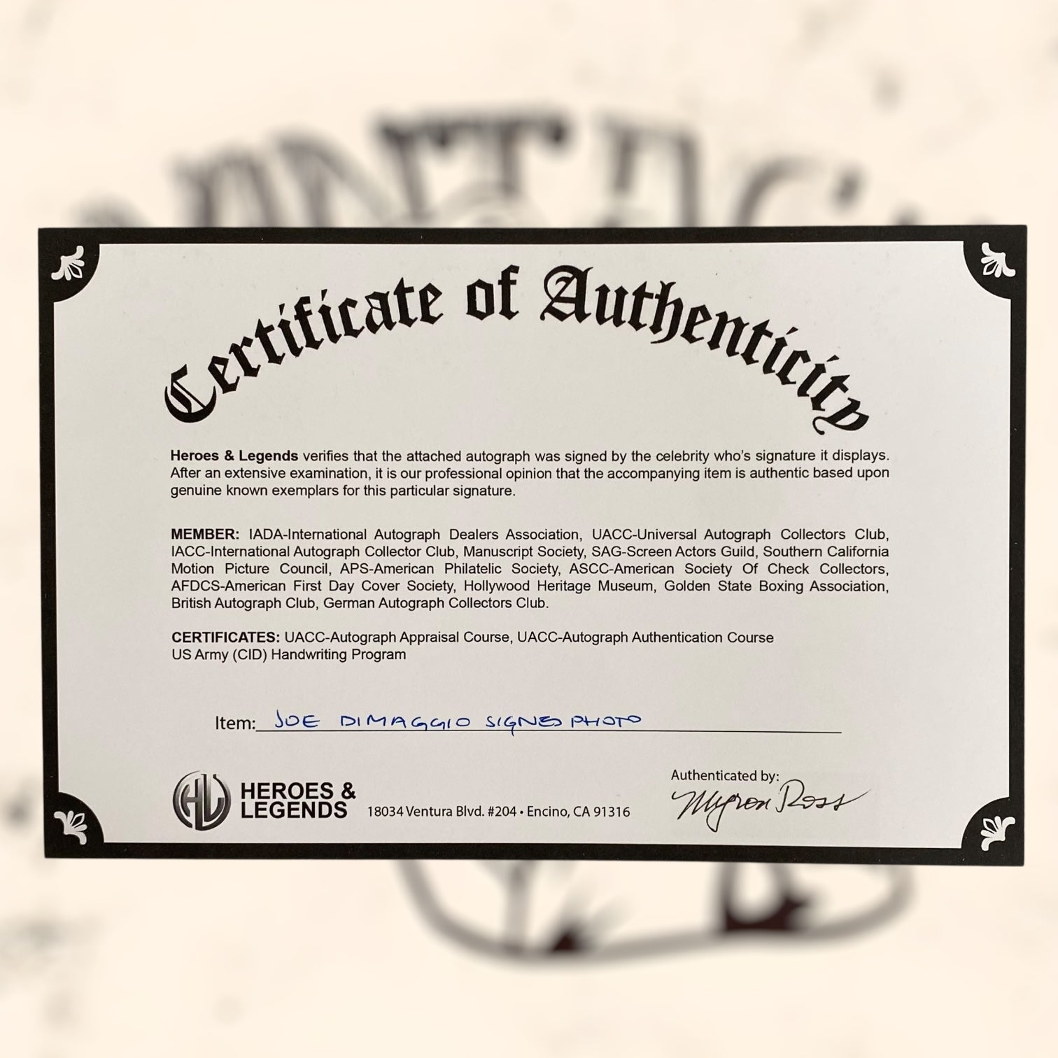 Fotografía de Joe DiMaggio con autógrafo original certificado