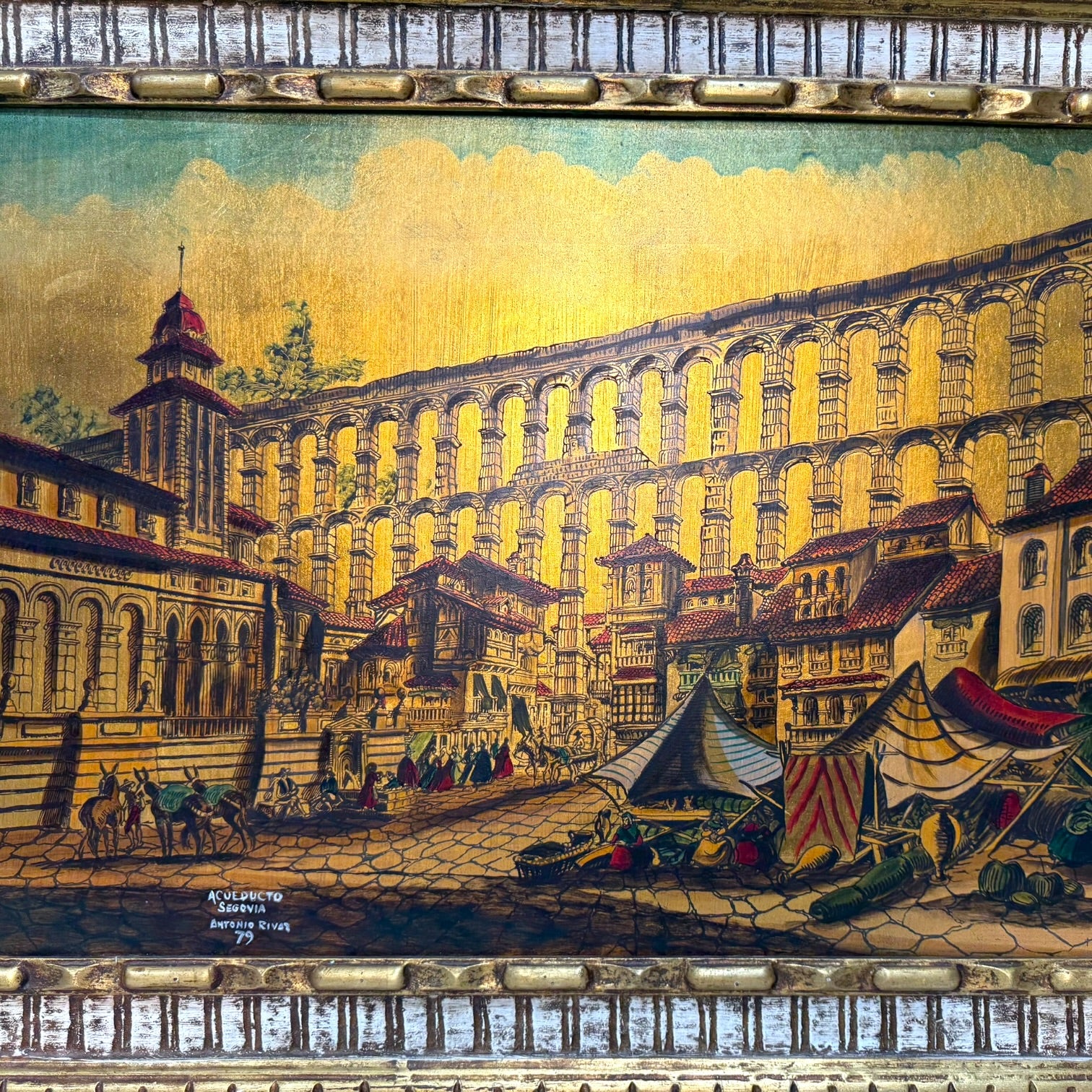 Óleo sobre tabla Acueducto de Segovia de Antonio Rivas 1979