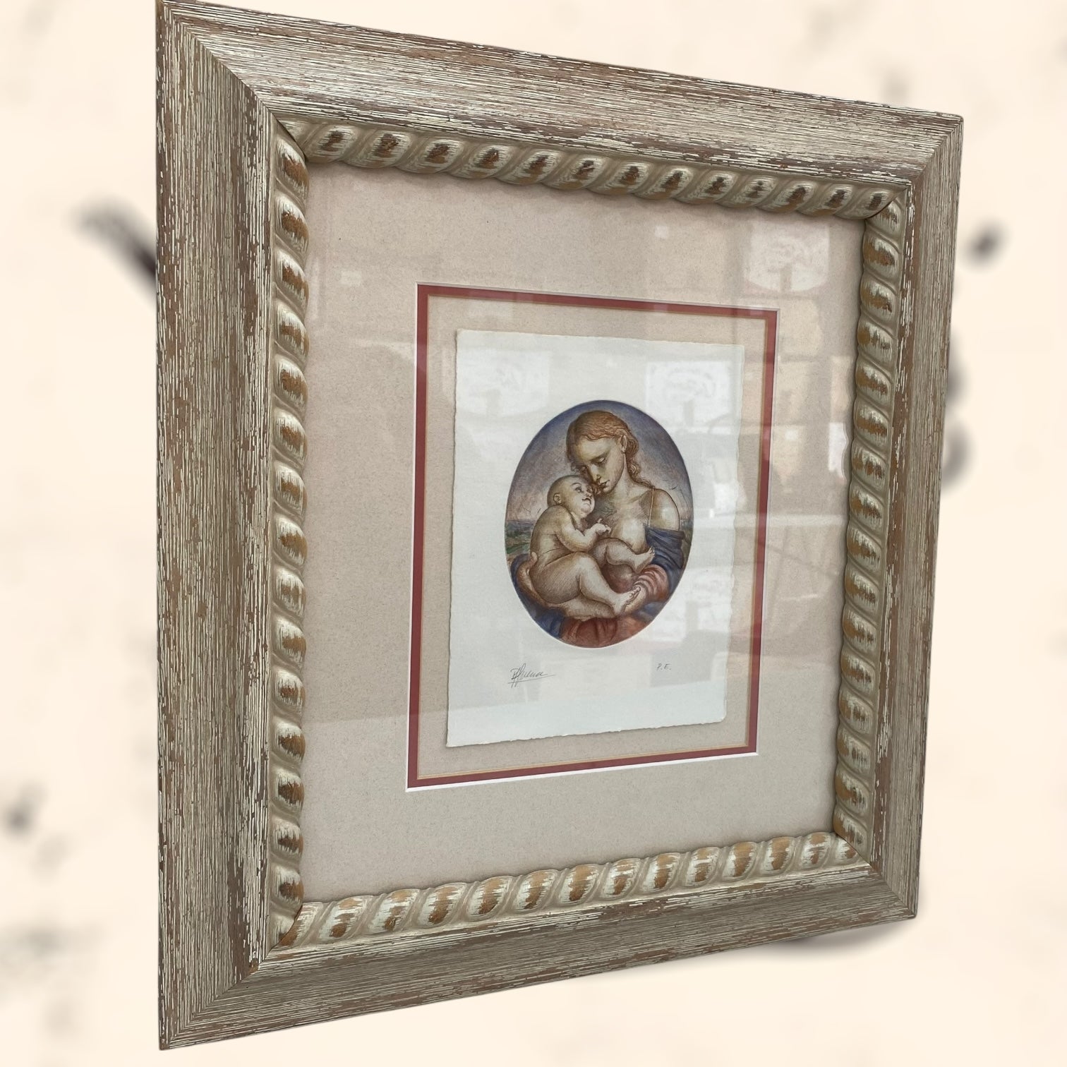 Grabado Santa Madonna e il Bambino firmado a mano P. E